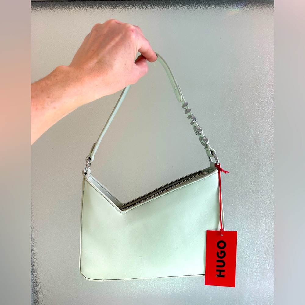 Hugo Boss light green-sage faux leather shoulder bag // brand new with tags